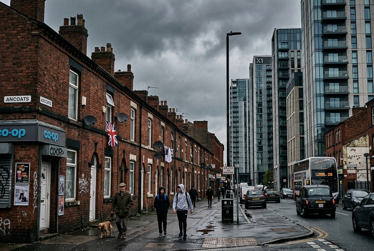 East Manchester today — luxury apartment blocks beside traditional terraced houses.