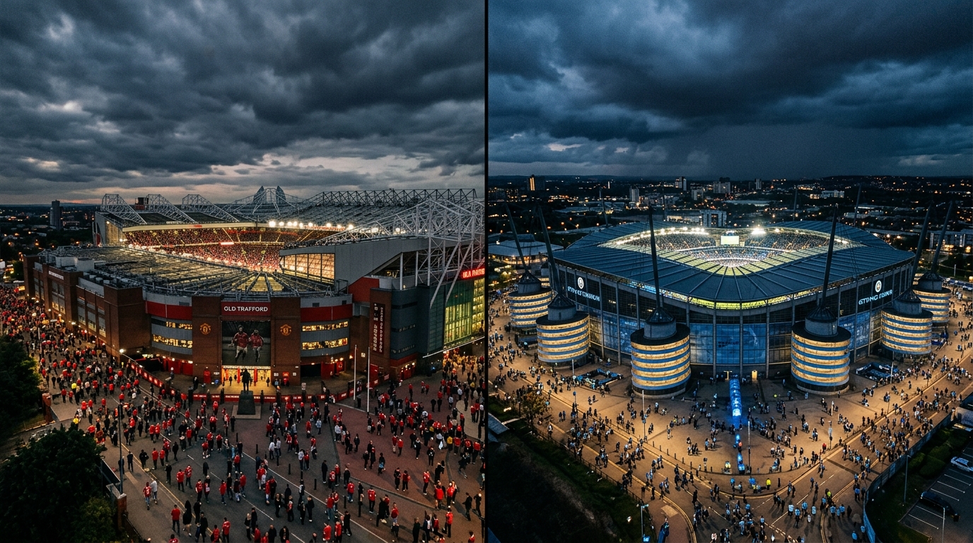 Two sides of the Manchester divide — Old Trafford and the Etihad Stadium.