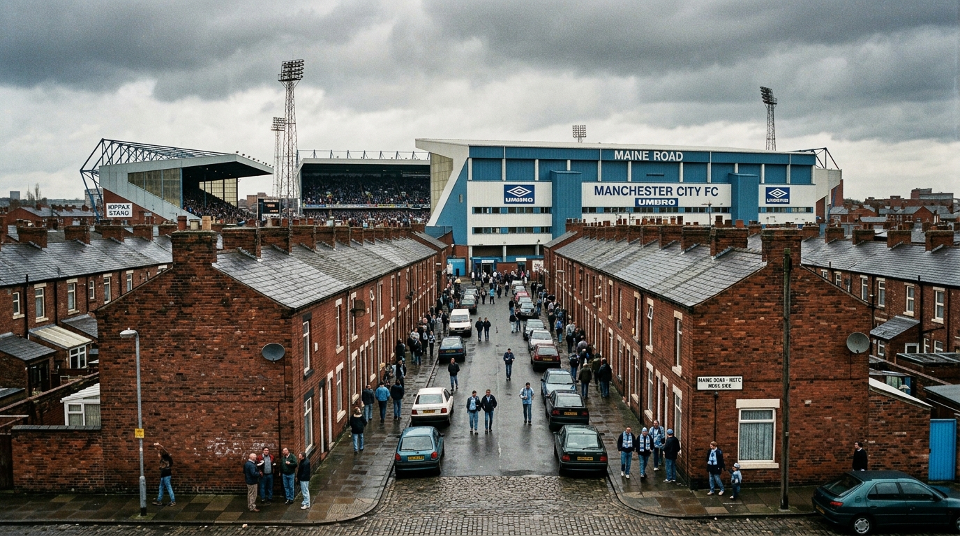 Maine Road in the 1990s — a backdrop to a childhood spent on the border of Moss Side and Rusholme.